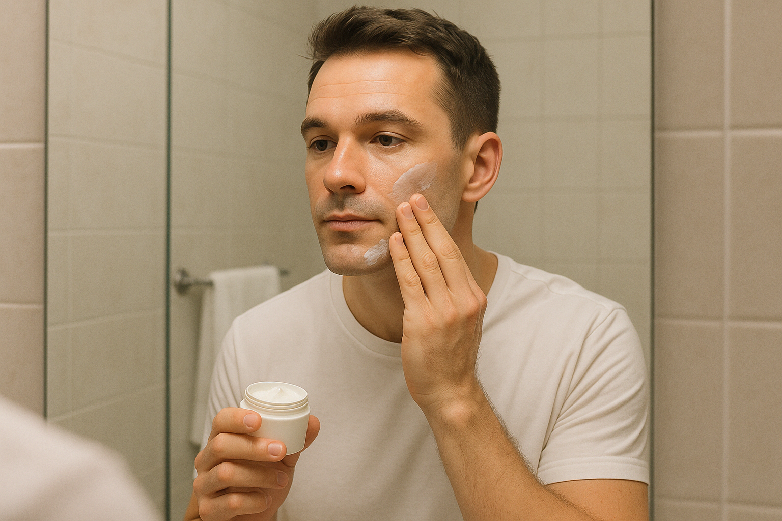 a man after shaving smears his face with cream