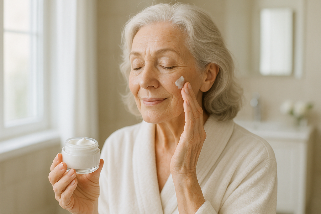 an elderly woman holds a jar of cream in her hands and smears wrinkles on her face