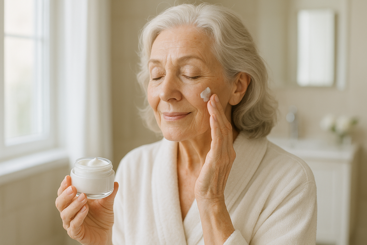 an elderly woman holds a jar of cream in her hands and smears wrinkles on her face