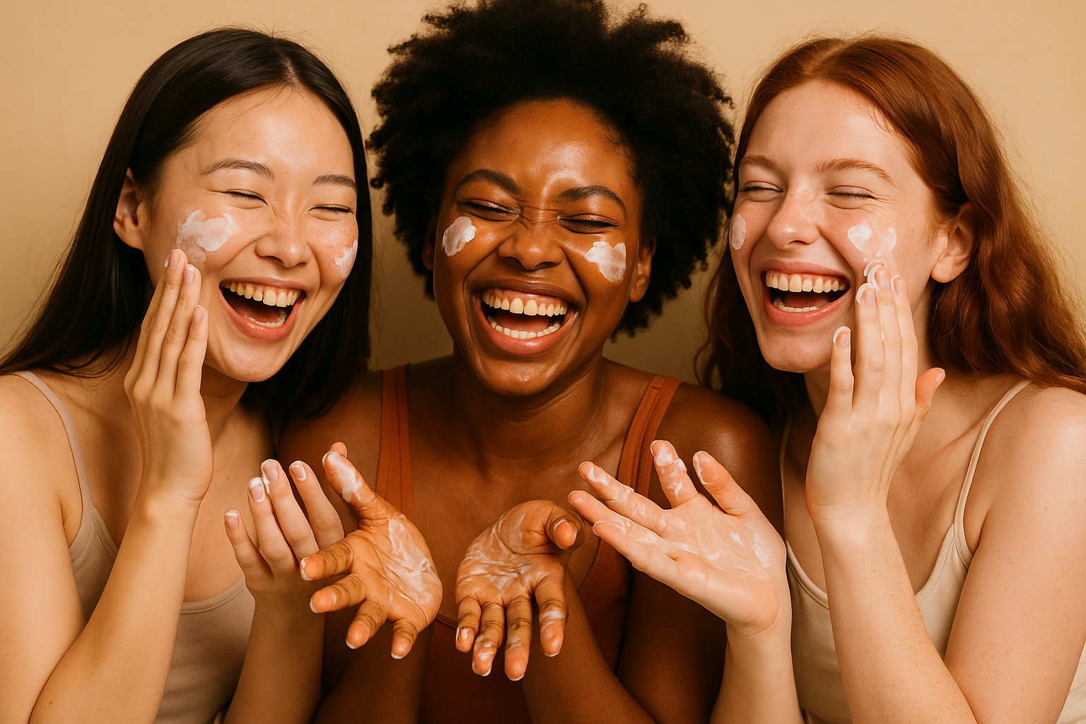 Three girls of different nationalities laugh and smear cream on their faces and hands